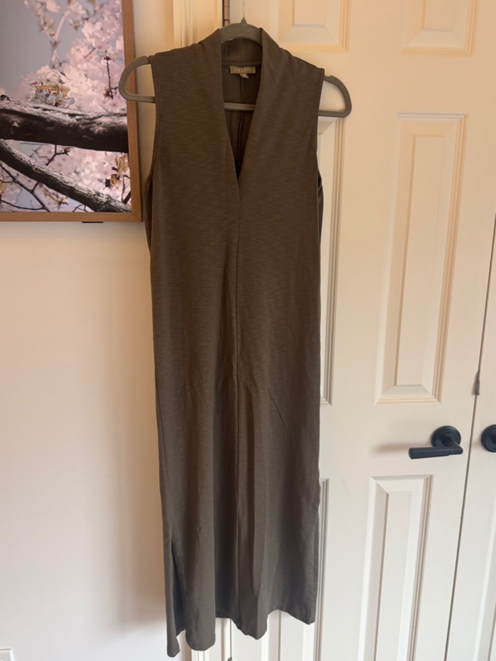 Lilla P Midi Dress XS Olive Green Slub